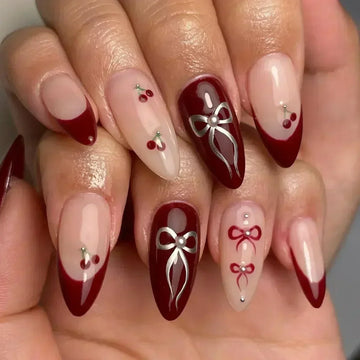 Daiiibabyyy  White Glitter Powder Bowknot Long Pointed Fake Nails Art Ballet False Nail Cow Print Pearl Rhinestone Pink Almond Press on Nails